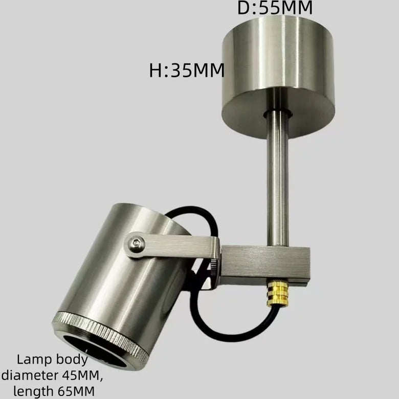 A brushed silver metal spotlight fixture with a cylindrical lamp head, adjustable bracket, and vertical stem, shown on a light gray background with overlaid dimensions: D:55MM, H:35MM, and text noting lamp body diameter 45MM and length 65MM.