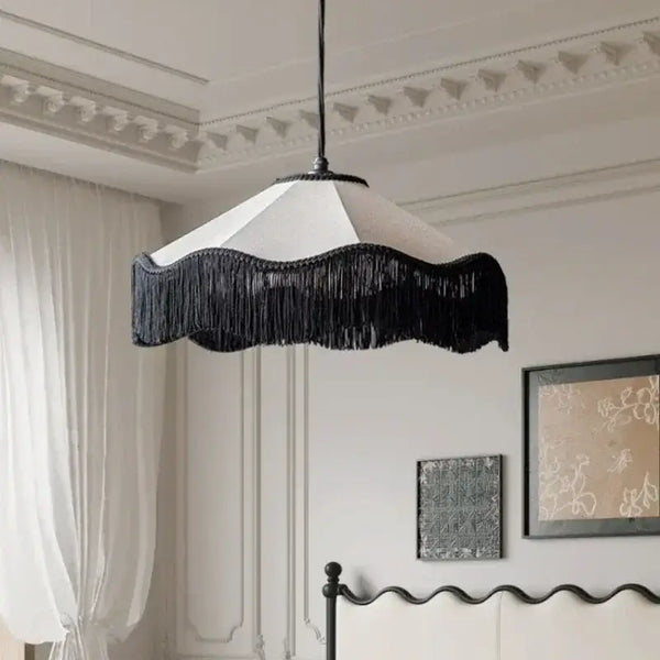 French Retro Fabric Pendant Light – Art Deco Fringe Chandelier for Bedrooms & Lounges hanging in a stylish interior.