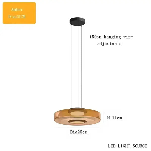 Layered Glass Pendant Light – Modern Amber, Green or Smoke Grey LED Suspension with adjustable wire and LED source.