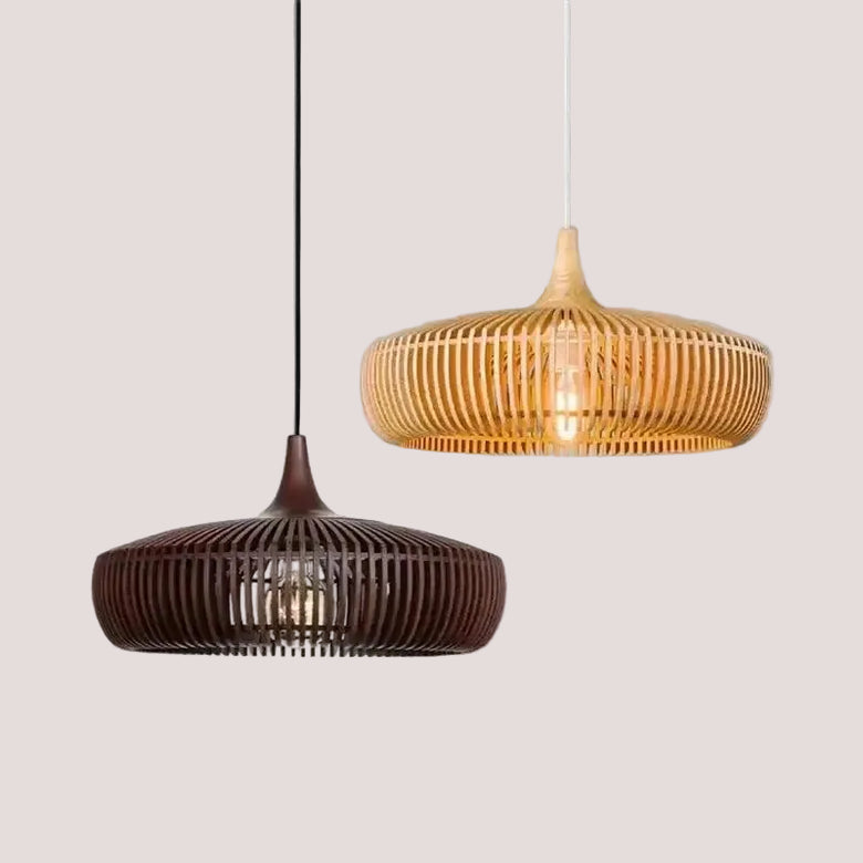 Vintage Wooden Pendant Light – Handcrafted Nordic Birdcage Lamp in natural bamboo and wood.