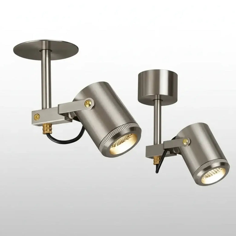 Minimalist adjustable ceiling spotlight with two rotatable heads in brushed steel finish.