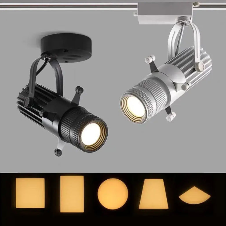 Rotatable Adjustable LED Spotlights with 360-degree rotation mounted on ceiling track in black and silver finishes.