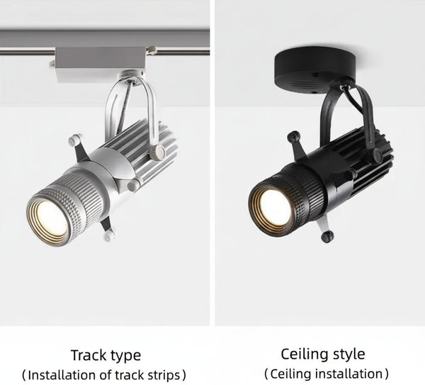 Rotatable Adjustable LED spotlight with 360-degree rotation options in track and ceiling styles