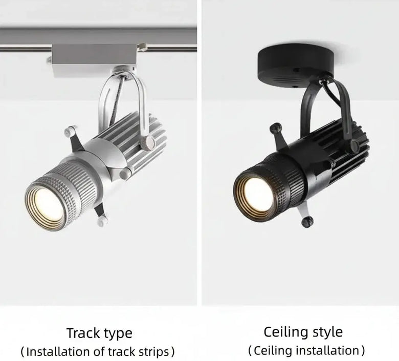Rotatable Adjustable LED spotlight with 360-degree rotation options in track and ceiling styles