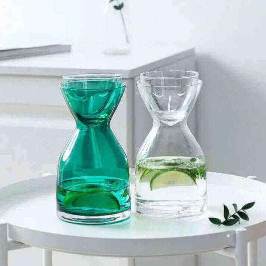 Elegant Bedside Table Glass Set of Bottle with Cup featuring two glass sets on a white table, adding style and convenience to any room.