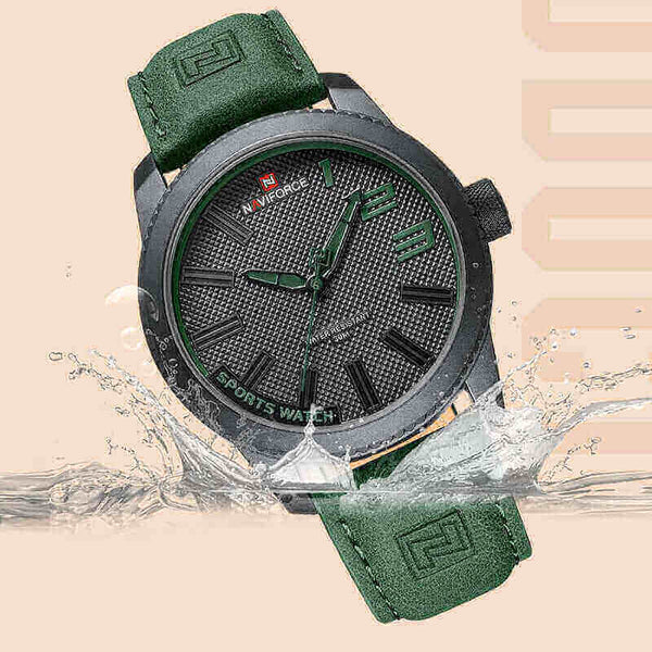 Men Automatic Sports Wristwatch with green leather strap and water-resistant design