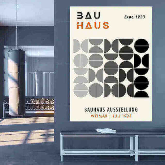 Walter Gropius Geometric Wall Art featuring Bauhaus 1923 exhibition poster in modern living space.