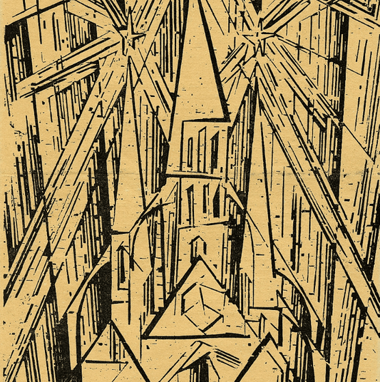 Lyonel Feininger's woodcut of a cathedral on the Bauhaus Manifesto cover, symbolizing unity of art and architecture, 1919.