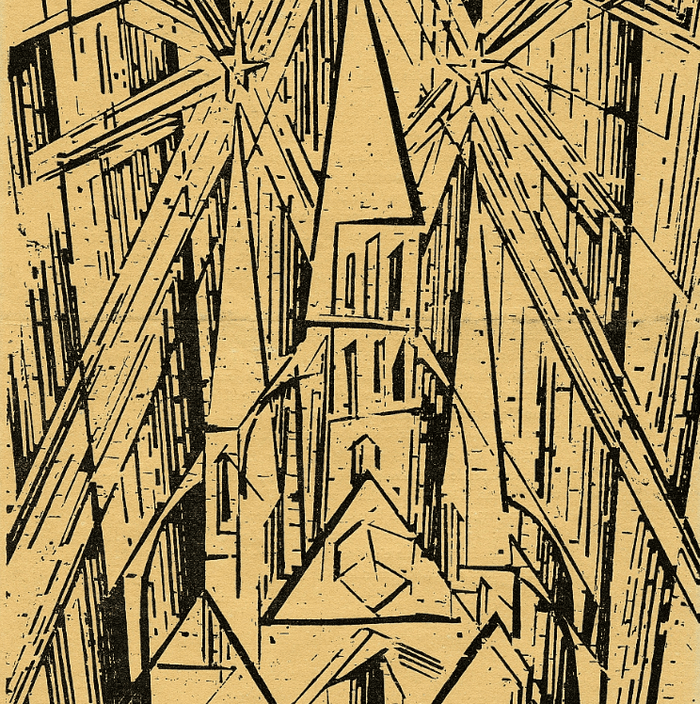 Lyonel Feininger's woodcut of a cathedral on the Bauhaus Manifesto cover, symbolizing unity of art and architecture, 1919.