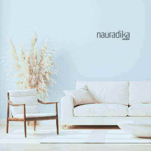 Use of baby powder blue in interior design with a modern living room setup featuring a soft blue wall, white sofa, and wooden chair.