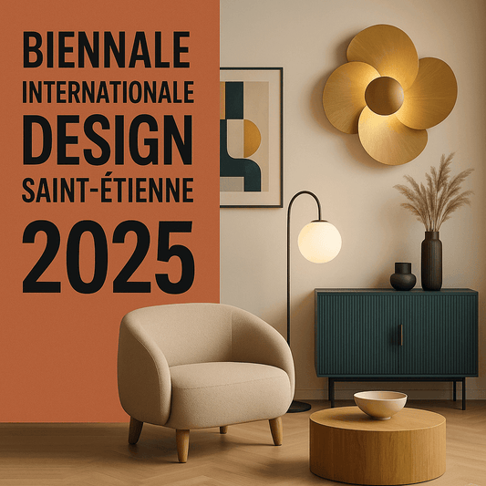 Modern interior design with armchair, lamp, and decor at Biennale Internationale Design Saint-Étienne 2025.