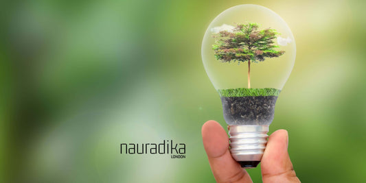 Hand holding light bulb with tree inside, symbolizing sustainable lighting solutions for eco-friendly living.