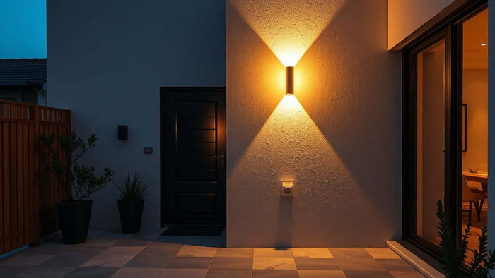 Modern home entrance featuring warm Outdoor Wall Lights: The 2026 Lighting Trend That Will Transform Your Home at night.