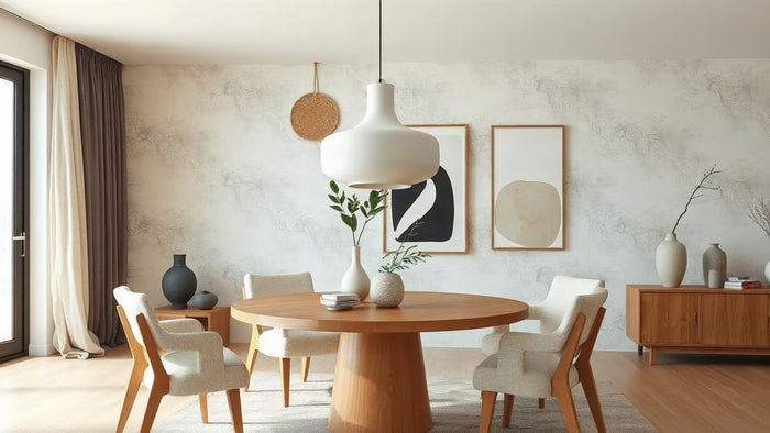 Modern dining room featuring Wabi Sabi Pendant Lights: Japandi Design for Contemporary Residential Projects with zen atmosphere.