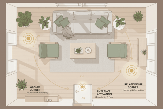 Feng Shui Floor Lamp Placement Guide showing living room layout with wealth and relationship corners marked.