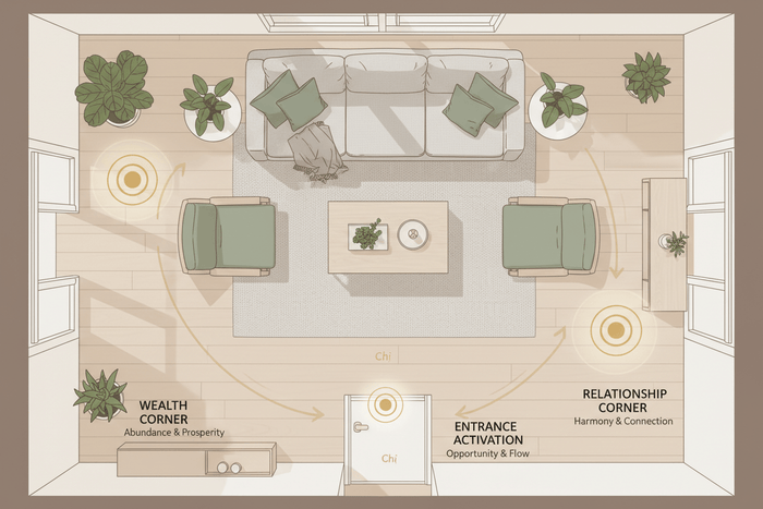 Feng Shui Floor Lamp Placement Guide showing living room layout with wealth and relationship corners marked.