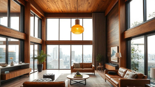 Wabi Sabi Pendant Lights: Embrace Imperfect Beauty in Your Home with a warm wooden living room featuring large windows and city view.