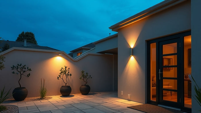 Modern outdoor wall light illuminating a contemporary home exterior at dusk. Outdoor Wall Light Trends 2026: Modern Sconces for Contemporary Homes.