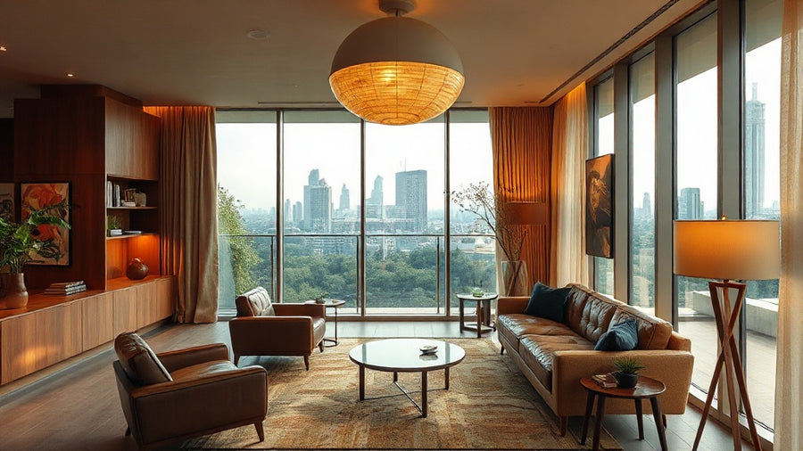 Modern living room with large windows and tall city view, featuring Travertine Wall Lamps for Architects: Specification Guide to Stone Wall Lighting.