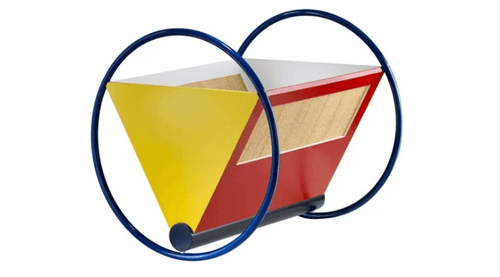 Peter Keler's Bauhaus Cradle featuring geometric shapes and primary colors, symbolizing Bauhaus design principles.