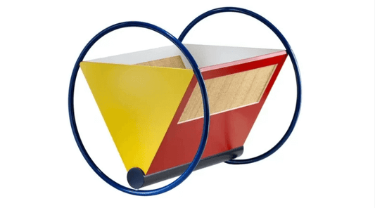 Peter Keler's Bauhaus Cradle featuring geometric shapes and primary colors, symbolizing Bauhaus design principles.
