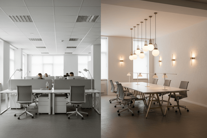 Design Flaws in Modern Offices and Their Innovative Lighting Solutions in contrasting workspace designs.