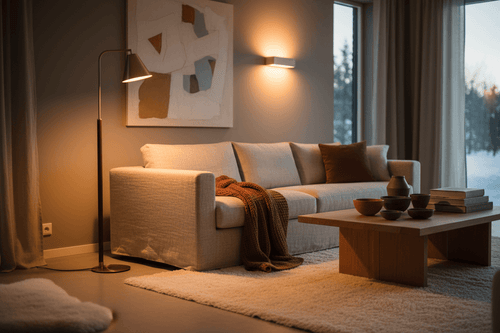 Warm Light in Interior Design: Why It Works – Cozy living room with warm lighting and modern furnishings.
