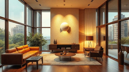 Modern living room featuring a travertine wall lamp, highlighting the Travertine Wall Lamp Specification Guide for Architects: 2026 Material & Design Trends.