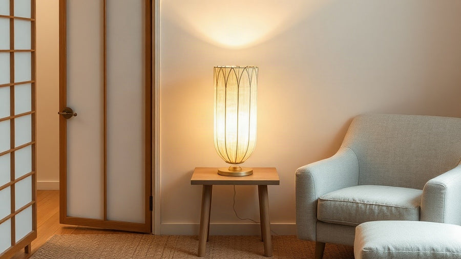 Japanese Rice Paper Lamps: Embracing Wabi-Sabi in Your Autumn Home with cozy warm lighting in a minimalist style living room.