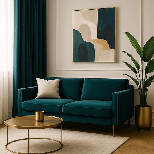 Modern living room with teal sofa, abstract artwork, gold accents, and natural light highlighting chic interior design aesthetics.