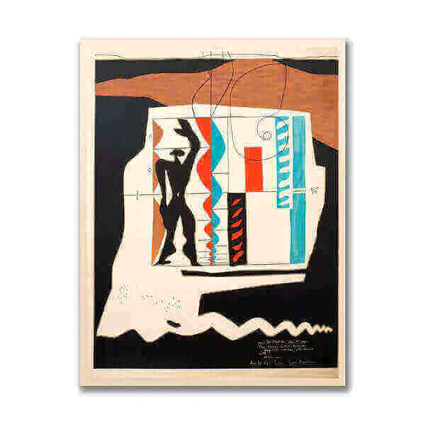 Le Corbusier Exhibition Retro Vintage Premium Poster with modernist design elements and abstract shapes in vibrant colors.