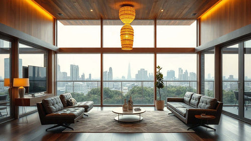 Luxurious modern living room interior with city view, highlighting Travertine Wall Lamp Specification Guide: Sourcing Stone Lighting for Residential & Commercial Projects.
