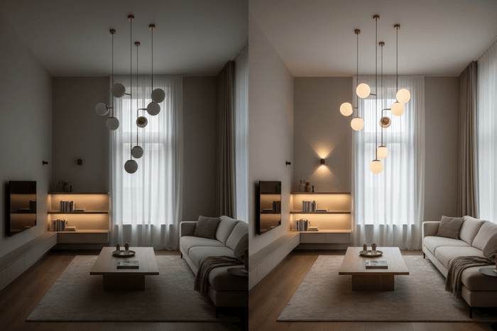 How Lighting Affects Perception of Space in a modern living room with different lighting conditions.
