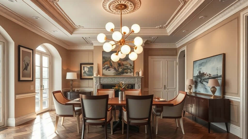 Interior with Sputnik chandelier showcasing 2026's bold space age lighting trend in a modern dining room.