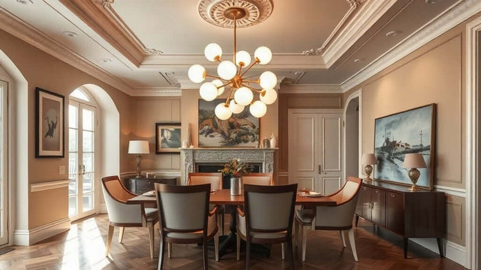 Interior with Sputnik chandelier showcasing 2026's bold space age lighting trend in a modern dining room.