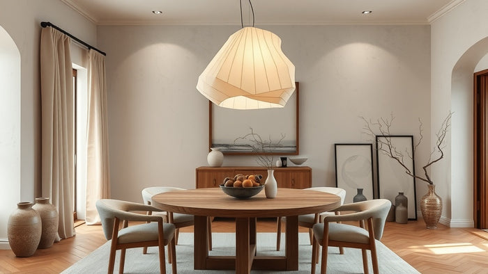 Dining room with Wabi Sabi Pendant Lights: Embracing Imperfection in 2026 Residential & Commercial Design, featuring natural decor.