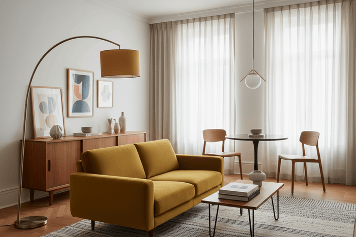Budget Lighting Ideas That Look Expensive in a warm, inviting living room with an arc lamp and stylish decor.