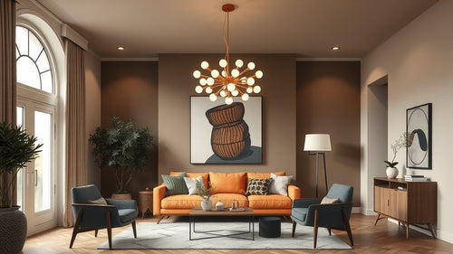 Living room featuring Mid Century Modern lighting trends 2026: Specification Guide for Architects with geometric chandelier.