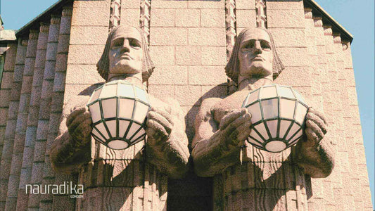 Sculpture detail of Rautatientori railway station in Helsinki, showcasing Finnish design and architecture.