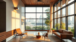 Modern living room with large windows, showcasing natural light; related to Outdoor Wall Light Specification Guide for Architects: Material, Finish & Lumen Standards in 2026.
