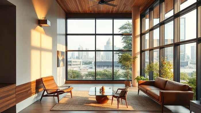 Modern living room with large windows, showcasing natural light; related to Outdoor Wall Light Specification Guide for Architects: Material, Finish & Lumen Standards in 2026.