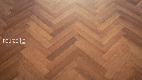 A 2023 guide to floor covering trends showcasing herringbone hardwood flooring.