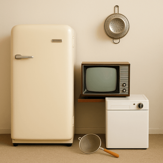 Retro 1960s kitchen set: vintage fridge, TV, and colander reflecting iconic household appliances of the era.
