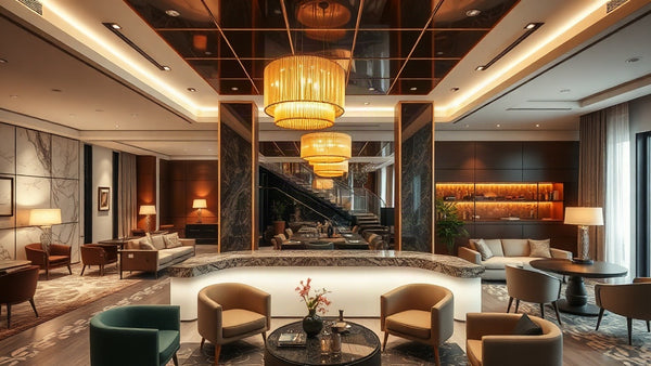 Luxurious hotel lobby showcasing Hotel Lighting Trends 2026: Bring Luxury Home This Autumn with elegant warm-toned fixtures.