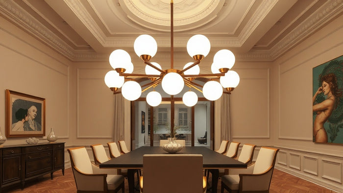 Elegant dining room featuring statement pendant lights: Architectural Design Trends 2026 with modern art and classic decor.