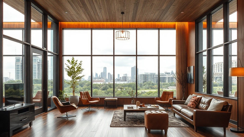 Modern living room with city view showcasing design inspiration for 7 Specification-Led Outdoor Wall Light Solutions for Architects in 2026.