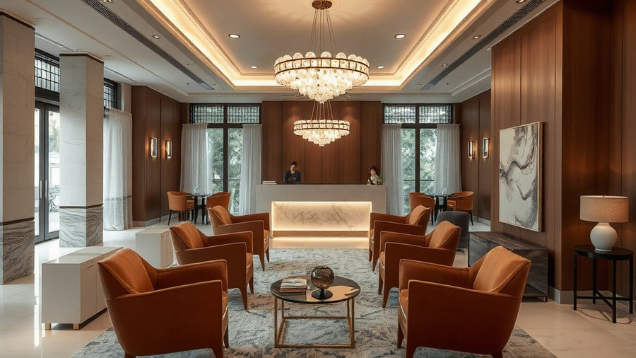 Luxurious hotel lobby showcasing modern lighting design for architects: Specification Trends Shaping 2026 Design.
