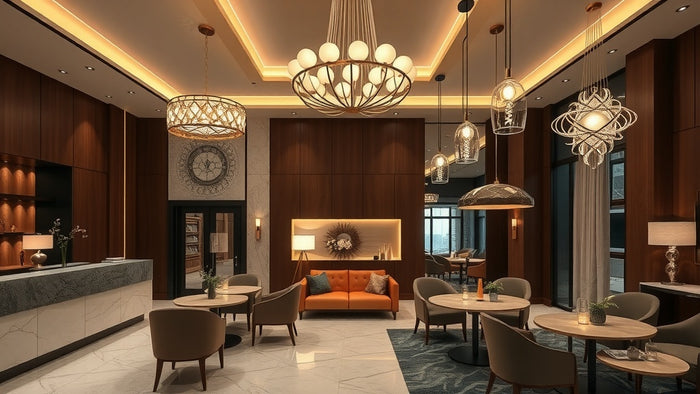 Luxurious hotel lobby lighting showcasing Hotel Lighting Trends 2026: Bring Hospitality Style Home This Summer.