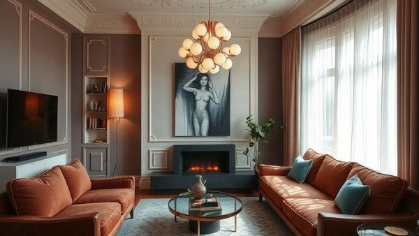 Luxurious living room showcasing Art Deco Lighting Trends 2026: Create Glamorous Autumn Interiors with stylish fixtures.