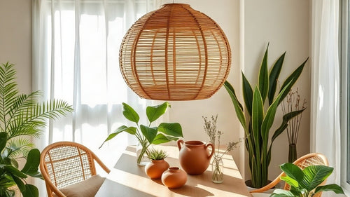 Rattan pendant light above table with plants: Are Rattan Pendant Lights Still In Style in 2026? A Complete Trend Guide.